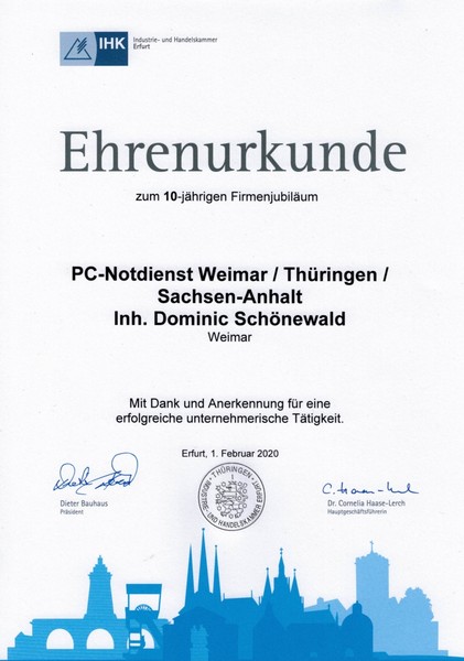 IHK Ehrenurkunde zum 10-jährigen Firmenjubiläum